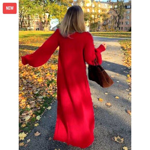 V-Neck Button Down Long Cardigan Chunky Knit Maxi Coat Sweater Dress - Picture 4 of 7